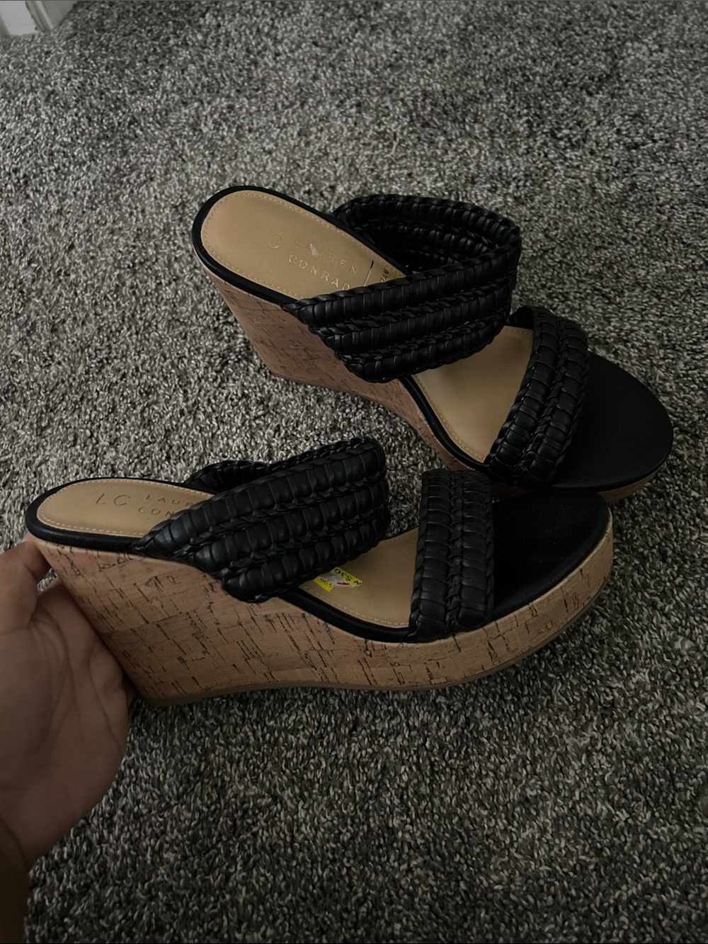 LC Lauren Conrad Black Braided Double-Strap Cork Wedge Sandals